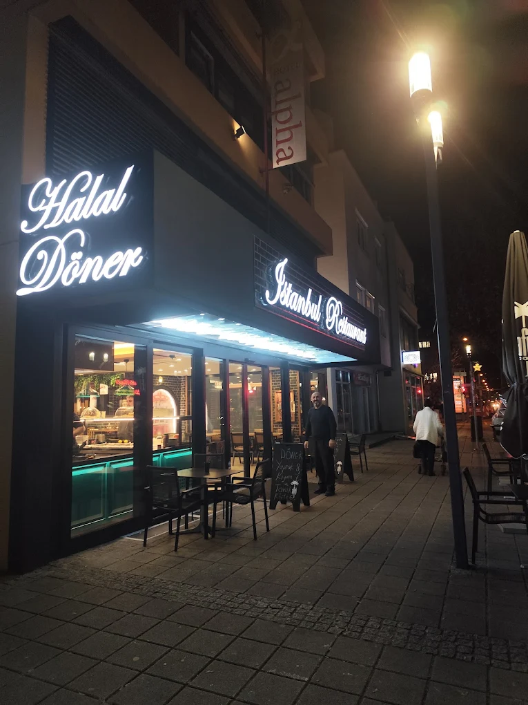 Istanbul Restaurant exterior at night with neon sign