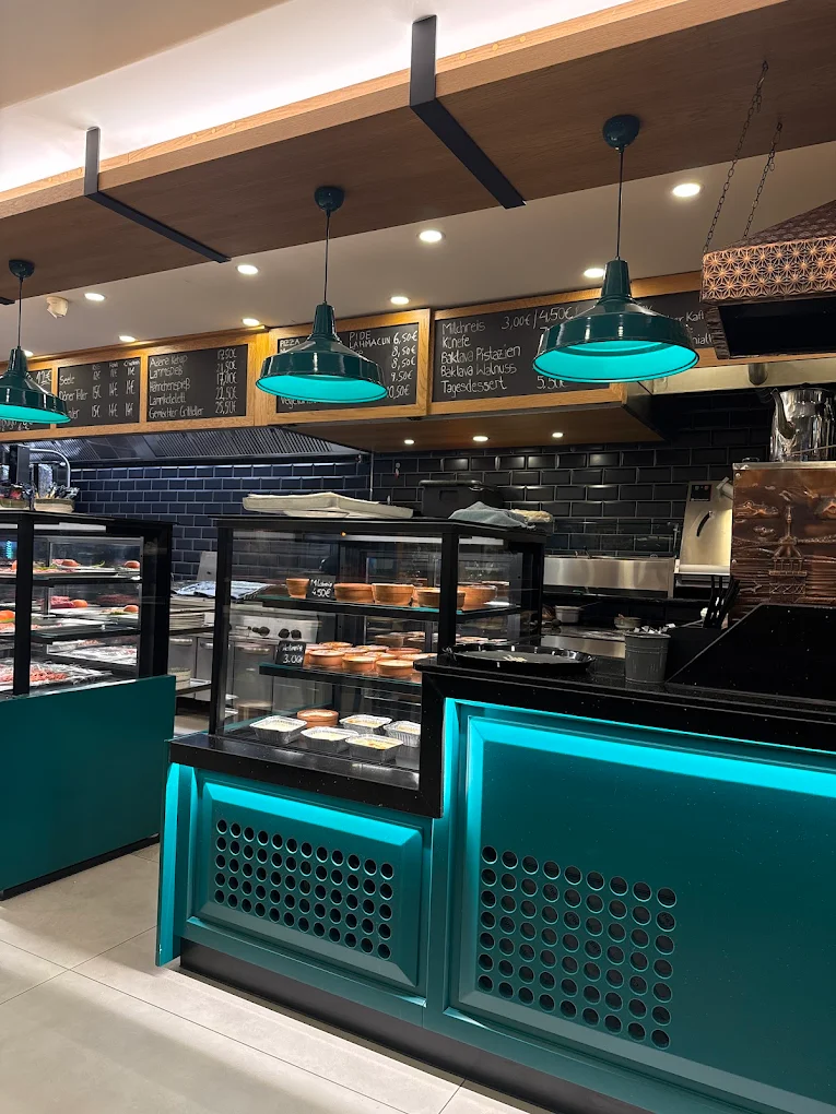 Service counter with turquoise lighting