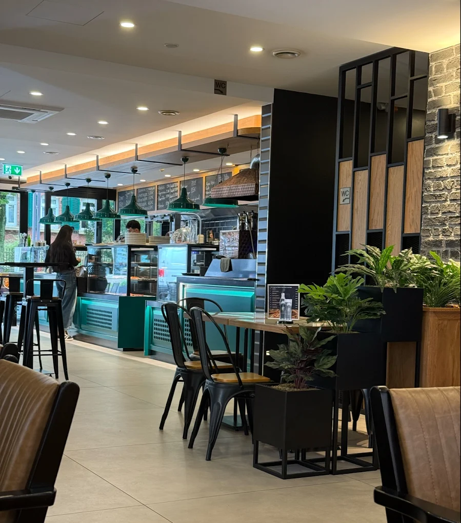 Modern dining area with turquoise accents